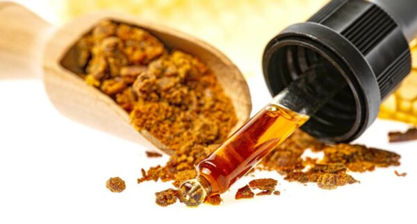 propolis tincture and a wooden spoon of propolis granules