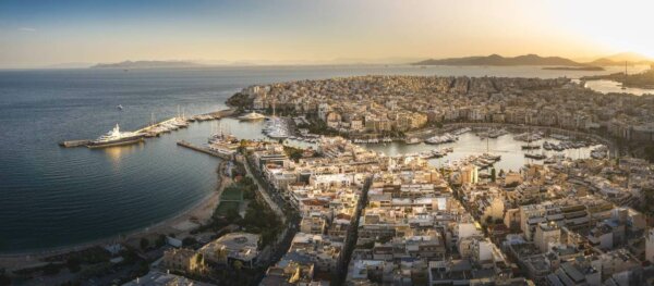 Aerial drone panoramic photo of famous port of Piraeus