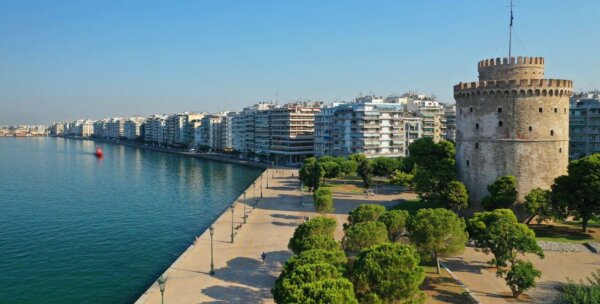 Aerial photo of iconic byzantine White Tower in the centre of Thessaloniki