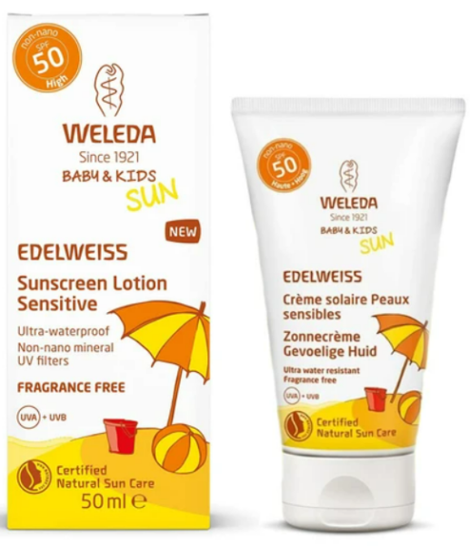 Weleda Baby & Kids Sun Edelweiss Sunscreen Lotion Spf50 Sensitive 50ml. Αντηλιακό για μωρά από τη Weleda