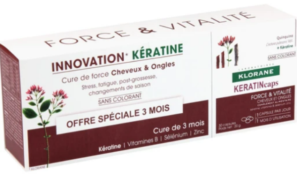 Klorane Πακέτο Προσφοράς Keratincaps Force & Vitalite Cheveux et Ongles Συμπλήρωμα Διατροφής 3x30caps 2+1 Δώρο