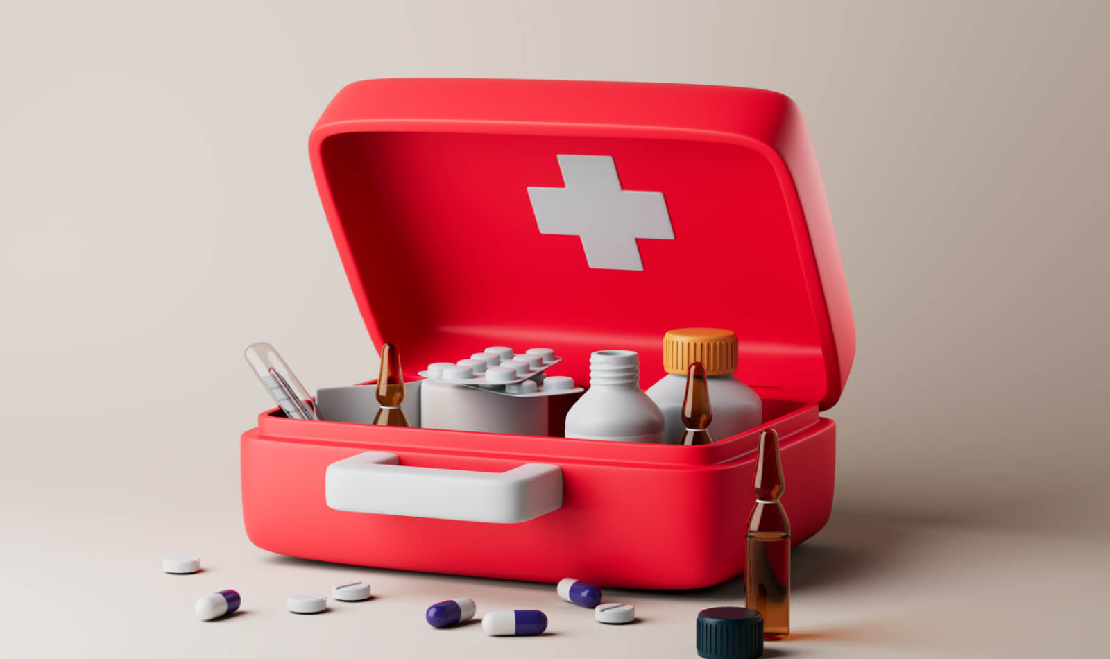Simple open red first aid kit with with medicines for drugstore category on floor 3d render illustration.. Consept για κουίζ που αφορούν τις πρώτες βοήθειες