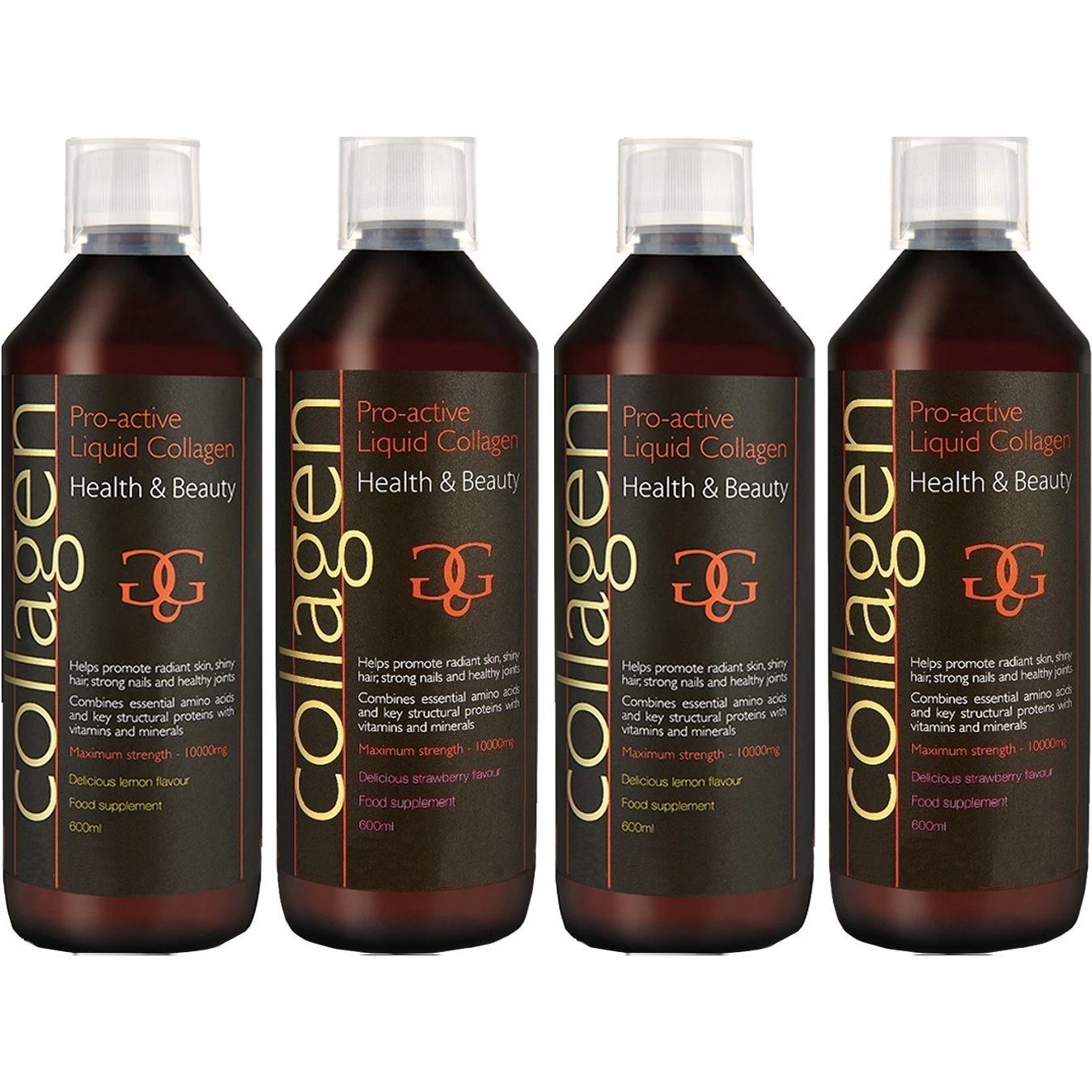 Total Health Solutions Σετ Collagen ProActive Πόσιμο Κολλαγόνο Συμπλήρωμα Διατροφής με Κολλαγόνο για το Δέρμα, Μαλλιά & Νύχια 2400ml (4x600ml) - 2 Λεμόνι + 2 Φράουλα