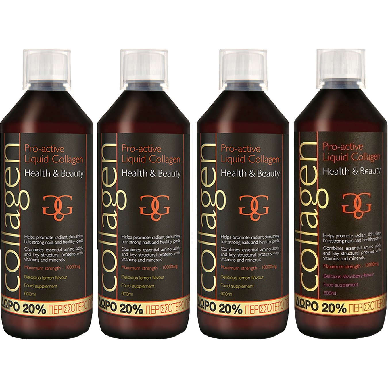 Total Health Solutions Σετ Collagen ProActive Πόσιμο Κολλαγόνο Συμπλήρωμα Διατροφής με Κολλαγόνο για το Δέρμα, Μαλλιά & Νύχια 2400ml (4x600ml) - 3 Λεμόνι + 1 Φράουλα