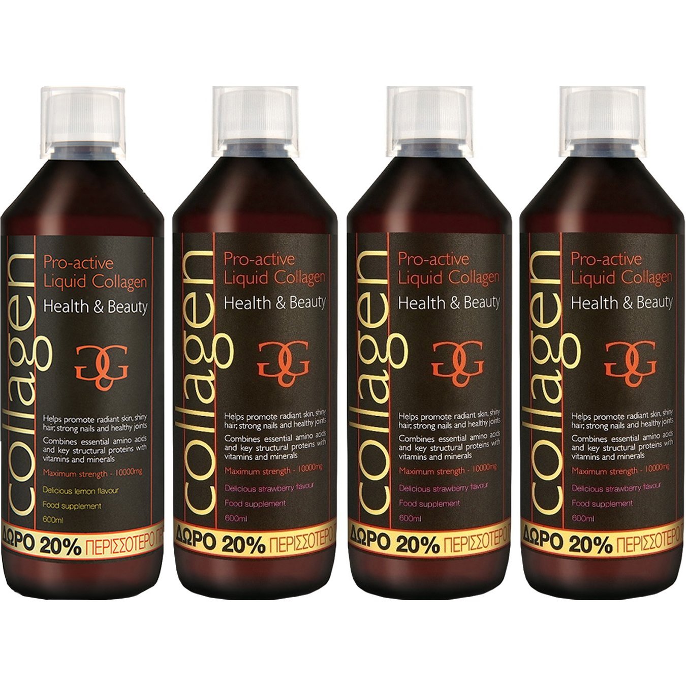 Total Health Solutions Σετ Collagen ProActive Πόσιμο Κολλαγόνο Συμπλήρωμα Διατροφής με Κολλαγόνο για το Δέρμα, Μαλλιά & Νύχια 2400ml (4x600ml) - 1 Λεμόνι + 3 Φράουλα