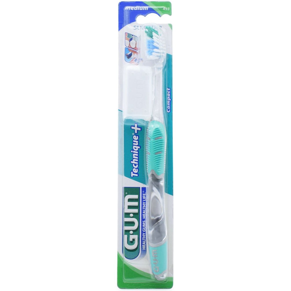 Gum Technique+ Compact Medium Toothbrush Χειροκίνητη Οδοντόβουρτσα Μέτρια με Θήκη Προστασίας 1 Τεμάχιο, Κωδ 493 – Γαλάζιο