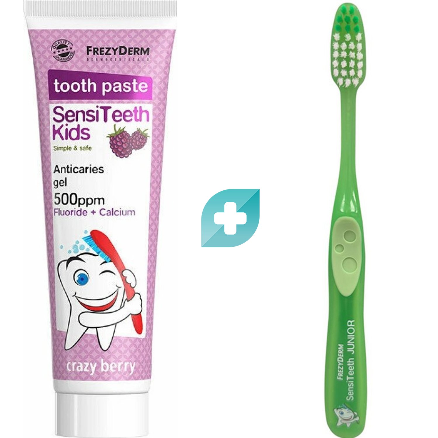 Σετ Frezyderm SensiTeeth Kids Tooth Paste 500ppm Fluoride + Calcium Crazy Berry 50ml & Soft Kids Toothbrush 1 Τεμάχιο - Πράσινο