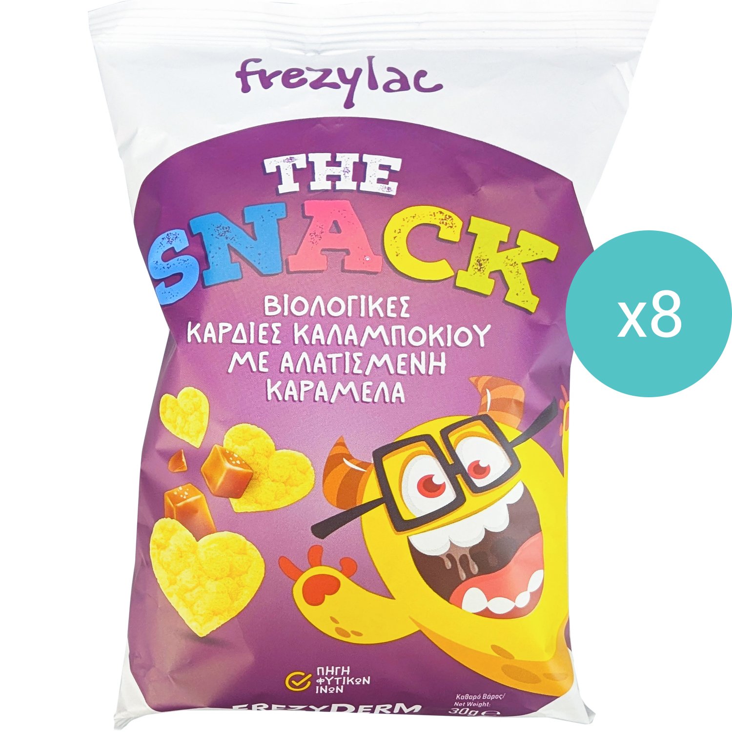 Frezyderm Σετ Frezyderm Frezylac The Snack Organic Corn Hearts Salted Caramel Γευστικό Σνακ από Βιολογικές Καρδιές Καλαμποκιού με Γεύση Αλατισμένη Καραμέλα 240g (8x30g)