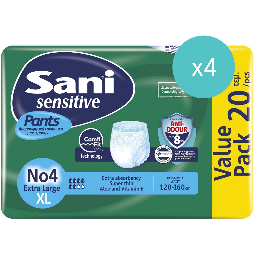 Sani Σετ Sani Sensitive Pants No4 Extra Large 120-160cm Ελαστικό Εσώρουχο Ακράτειας 80 Τεμάχια (4x20Τεμάχια)