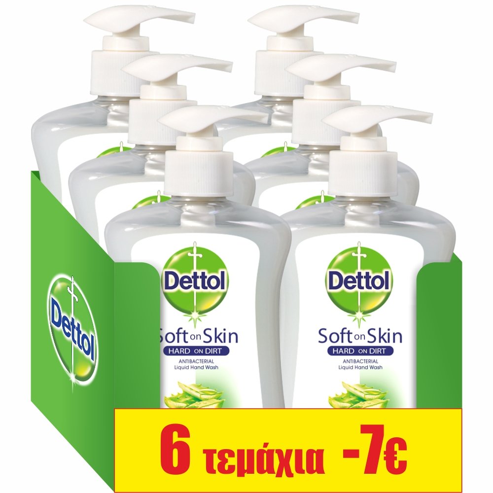 Dettol Πακέτο Προσφοράς Liquid Soap Aloe Vera & Vitamin E Αντιβακτηριδιακό Υγρό Κρεμοσάπουνο Χεριών για Ενυδάτωση 6x250ml