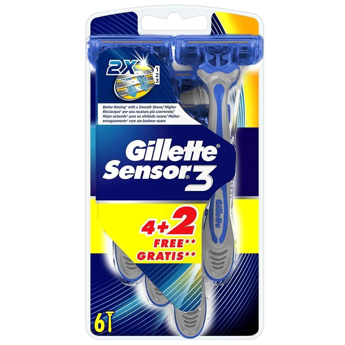 Gillette Sensor 3 Ξυραφάκια μιας Χρήσης με 3 Λεπίδες σε Κινούμενη Κεφαλή 6τμχ (4+2 Δώρο)