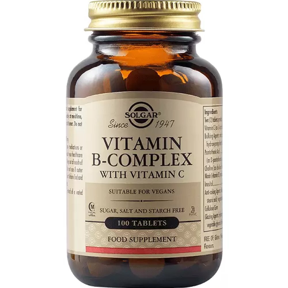 Solgar Vitamin B-Complex With Vitamin C Συμπλήρωμα Διατροφής Συμπλέγματος Βιταμινών B & Βιταμίνης C για την Καλή Λειτουργία του Νευρικού Συστήματος & την Αντιμετώπιση του Άγχους 100tabs