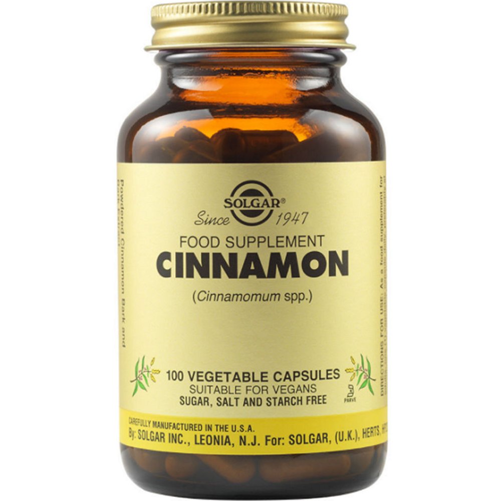 Solgar Solgar Cinnamon Συμπλήρωμα Διατροφής για τη Ρύθμιση των Επιπέδων της Γλυκόζης στο Αίμα με Αντιοξειδωτικές Ιδιότητες που Βοηθά Κατά την Πέψη 100veg.caps