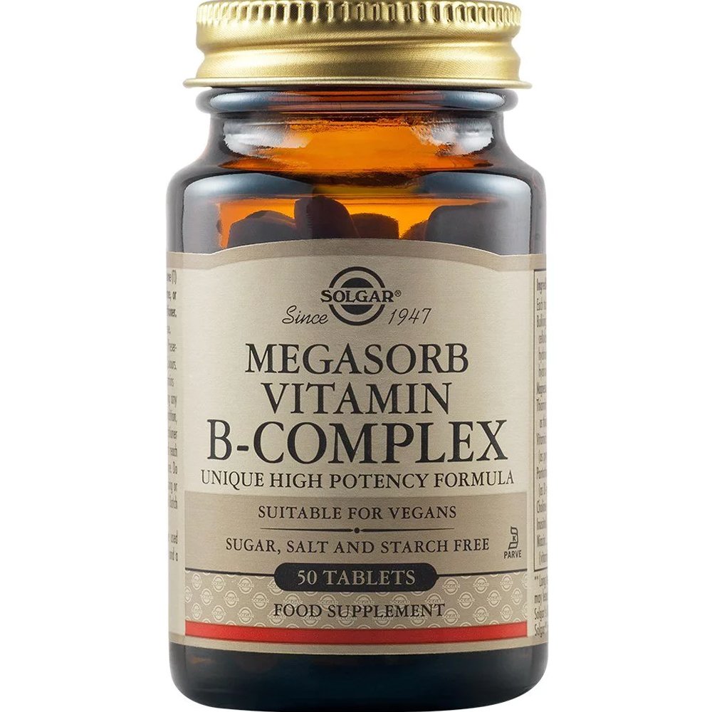 Solgar Solgar Megasorb Vitamin B50 Complex Συμπλήρωμα Διατροφής Συμπλέγματος Βιταμινών Β σε Ελεύθερη Μορφή για Βέλτιστη Απορρόφηση για την Καλή Λειτουργία του Νευρικού Συστήματος & Ενέργεια 50tabs