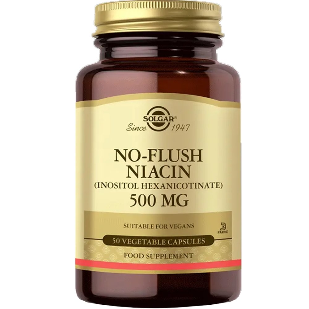 Solgar No-Flush Niacin (Vitamin B3) 500mg Συμπλήρωμα Διατροφής Βιταμίνης Β3 (Νιασίνης) για τη Μείωση Χοληστερόλης & Τριγλυκεριδίων, Καλή Υγεία της Καρδιάς Κατά της Κόπωσης 50veg.caps