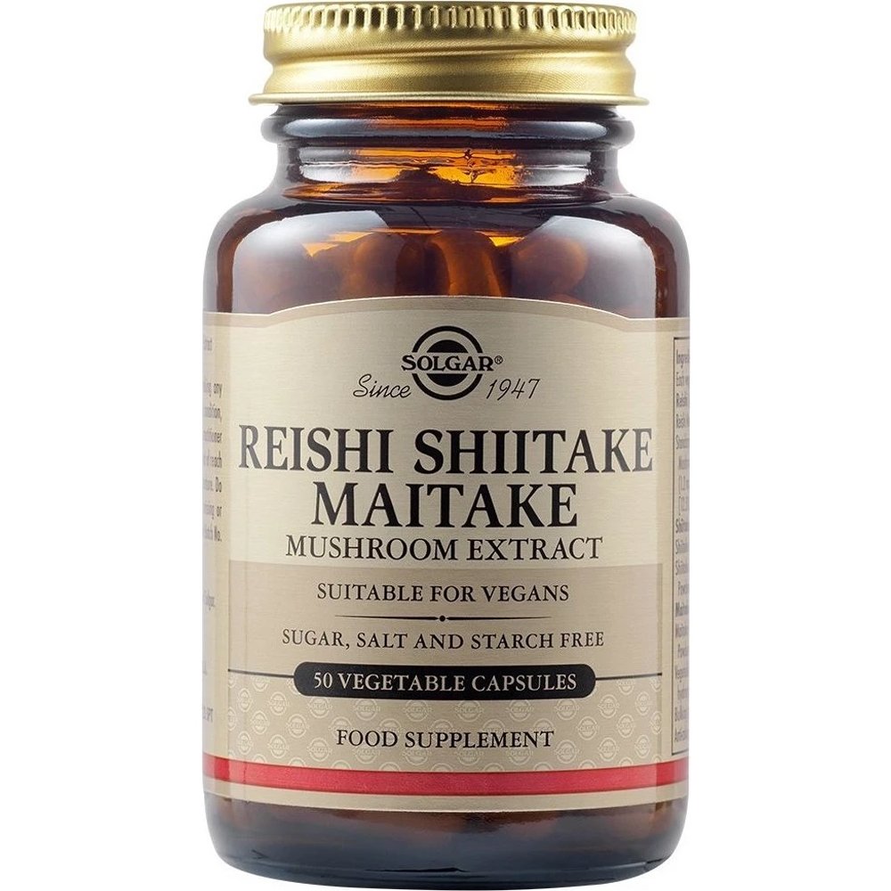 Solgar Reiishi Shitake Maitake Mushroom Extract Συμπλήρωμα Διατροφής Εκχυλίσματος Μανιταριών για Τόνωση του Ανοσοποιητικού με Αναλγητικές, Αντιαλλεργικές & Αντιβακτηριακές Ιδιότητες 50veg.caps