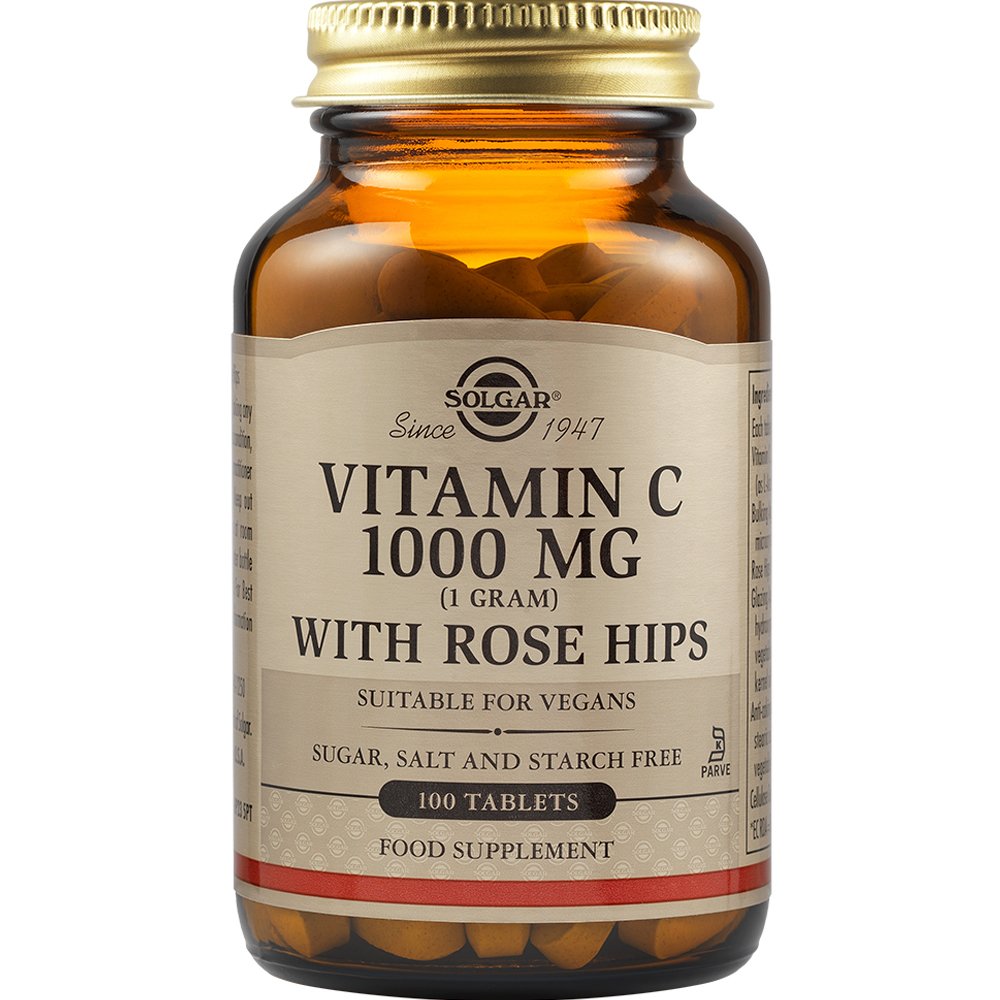 Solgar Vitamin C 1000mg with Rose Hips 1g Συμπλήρωμα Διατροφής Βιταμίνης C με Εκχύλισμα Καρπών Αγριοτριανταφυλλιάς για τη Φυσιολογική Λειτουργία του Ανοσοποιητικού Συστήματος με Αντιοξειδωτική Δράση 100tabs