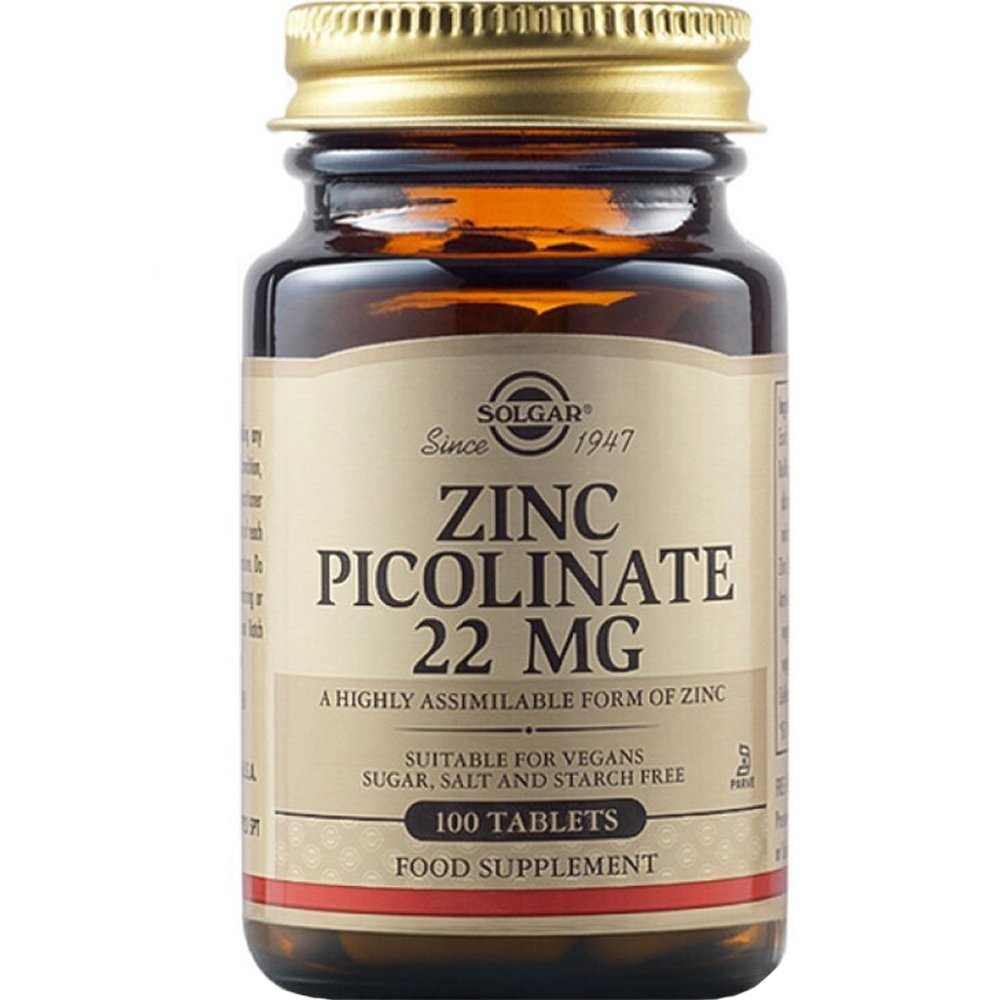 Solgar Zinc Picolinate 22mg Συμπλήρωμα Διατροφής Ψευδαργύρου Υψηλής Απορροφησιμότητας για Βελτίωση της Ανδρικής Γονιμότητας & Υγιή Μαλλιά, Νύχια & Δέρμα 100tabs