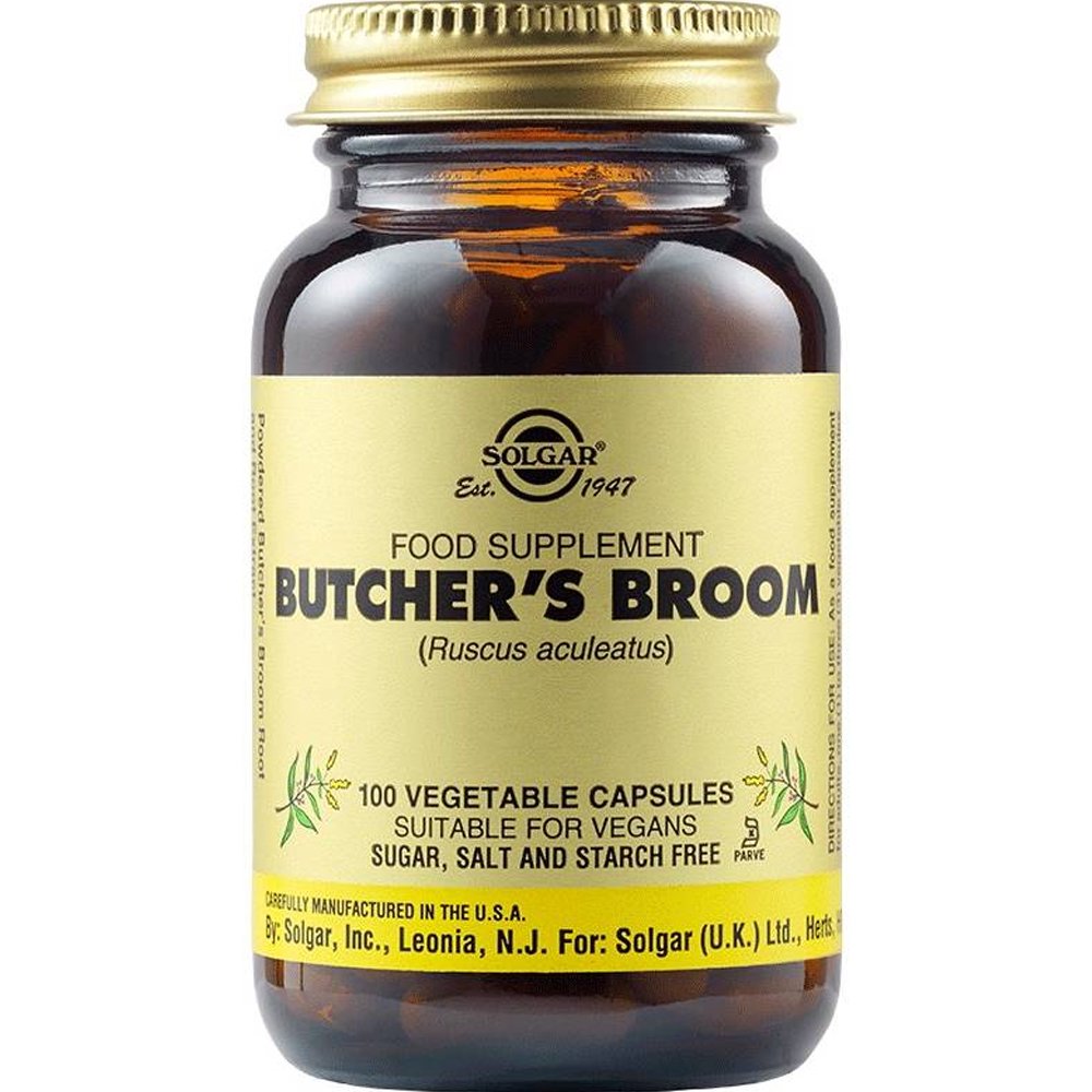 Solgar Butcher’s Broom Συμπλήρωμα Διατροφής Εκχυλίσματος Ρούσκου για την Υποστήριξη της Καλής Κυκλοφορίας του Αίματος στα Πόδια Κατά των Ευρυαγγειών για Ανακούφιση από την Αίσθηση των Βαριών Ποδιών 100veg.caps