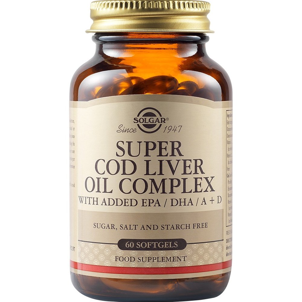 Solgar Solgar Super Cod Liver Oil Complex Συμπλήρωμα Διατροφής Συμπυκνωμένου Μουρουνέλαιου Πλούσιο σε Ωμέγα 3 Λιπαρά Οξέα με Προσθήκη Βιταμίνης Α & D για τη Σωστή Λειτουργία της Καρδιάς & του Εγκεφάλου 60 Softgels