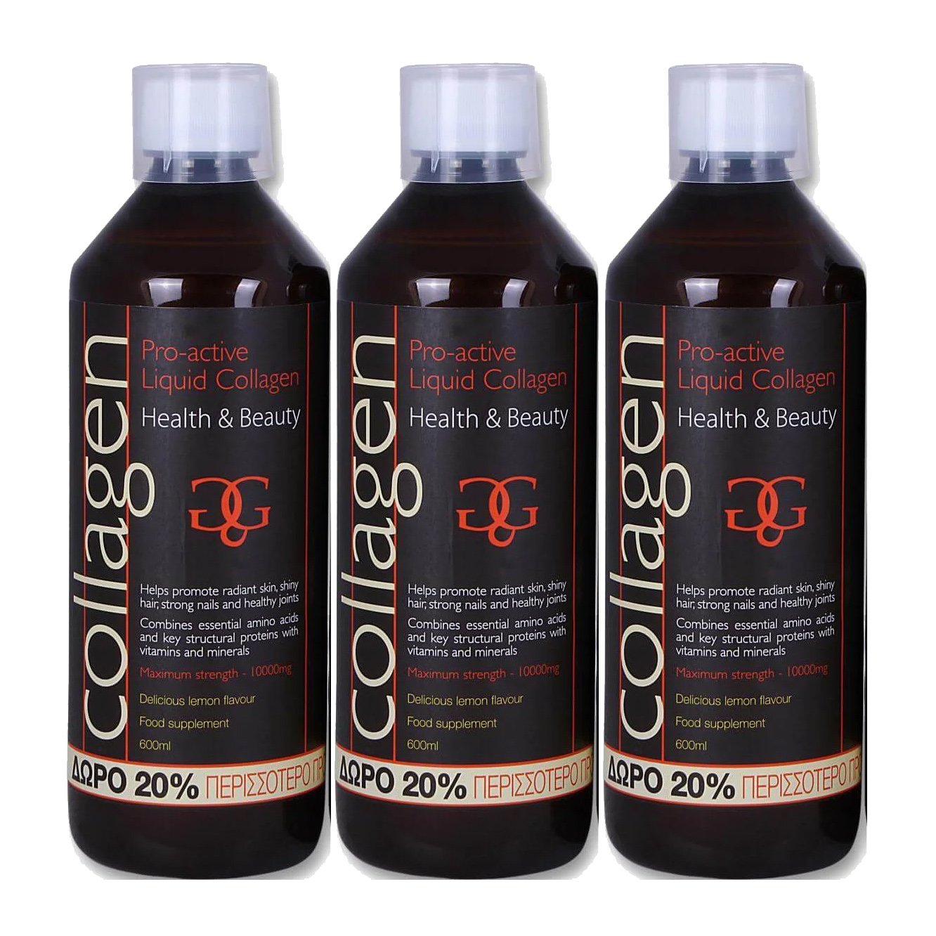 Collagen ProActive Πακέτο Προσφοράς Πόσιμο Κολλαγόνο 3x500ml Δώρο 20% Επιπλέον Ποσότητα – 2 Λεμόνι + 1 Φράουλα