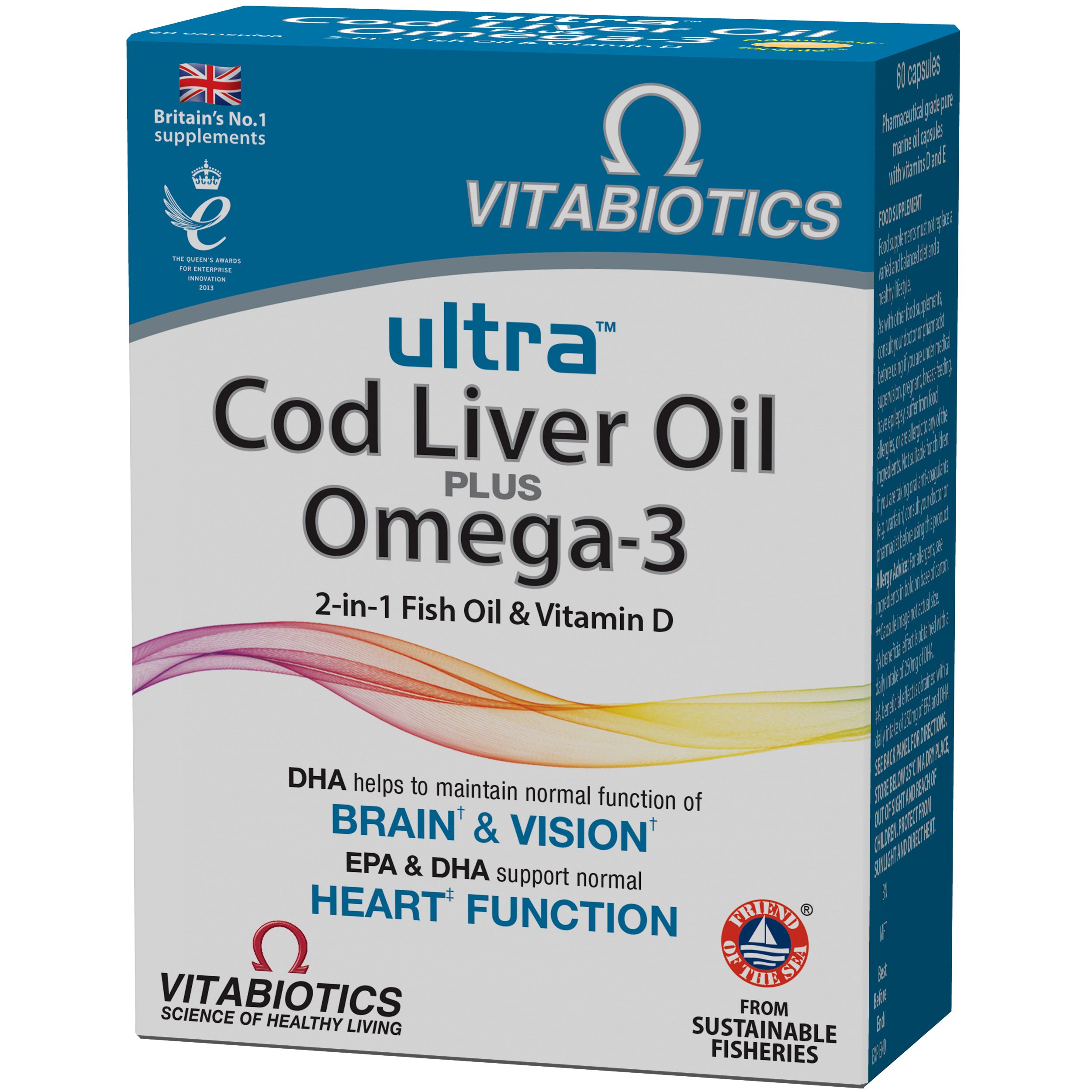 Vitabiotics Ultra Cod Liver Oil Plus Omega 3 Συνδυασμός Ωμέγα-3 Ιχθυελαίων και Μουρουνέλαιου 60caps