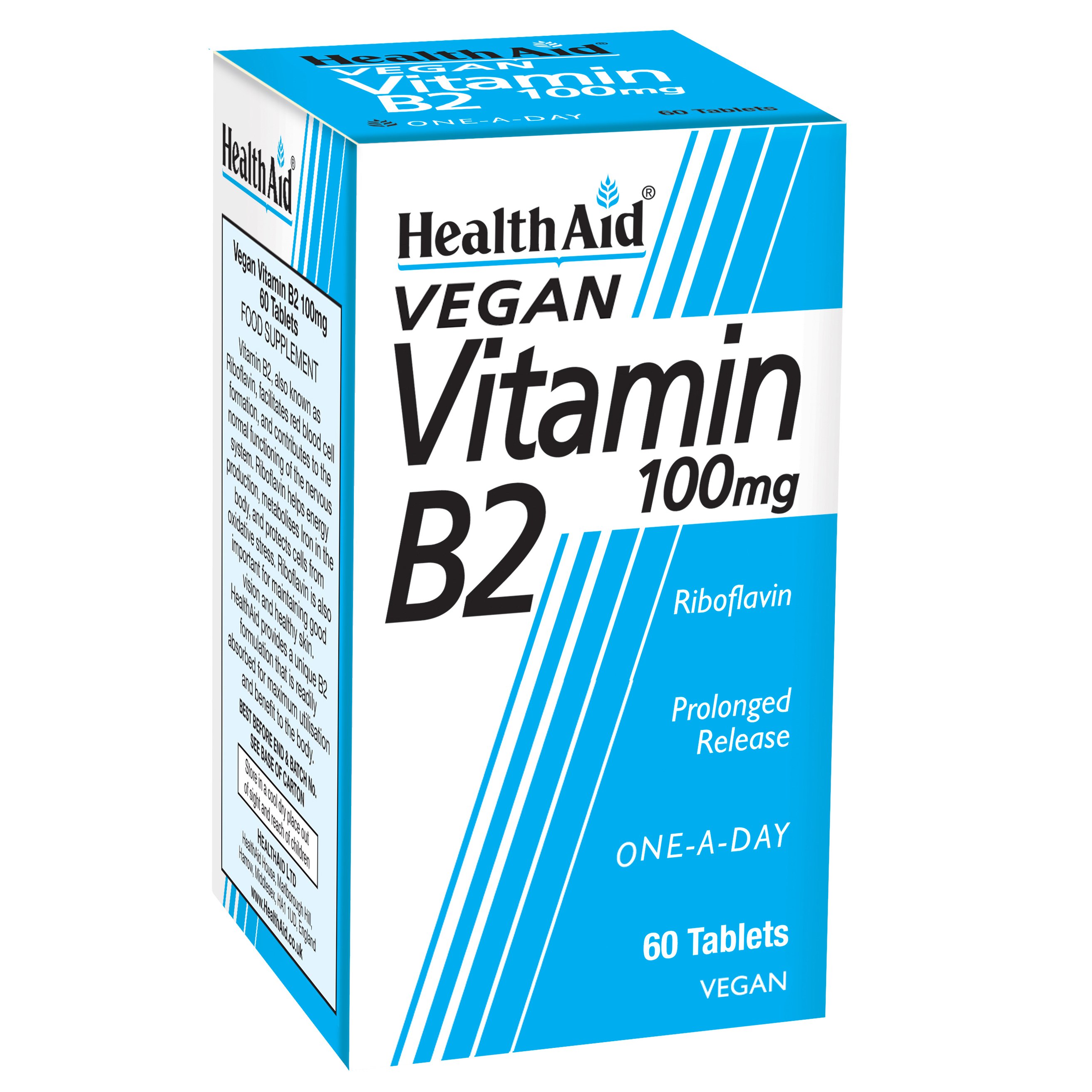 Health Aid Vitamin B2 (Riboflavin) 100mg – Prolonged Release Απαραίτητη για το Σχηματισμό Ερυθρών Αιμοσφαιρίων 60 tabs