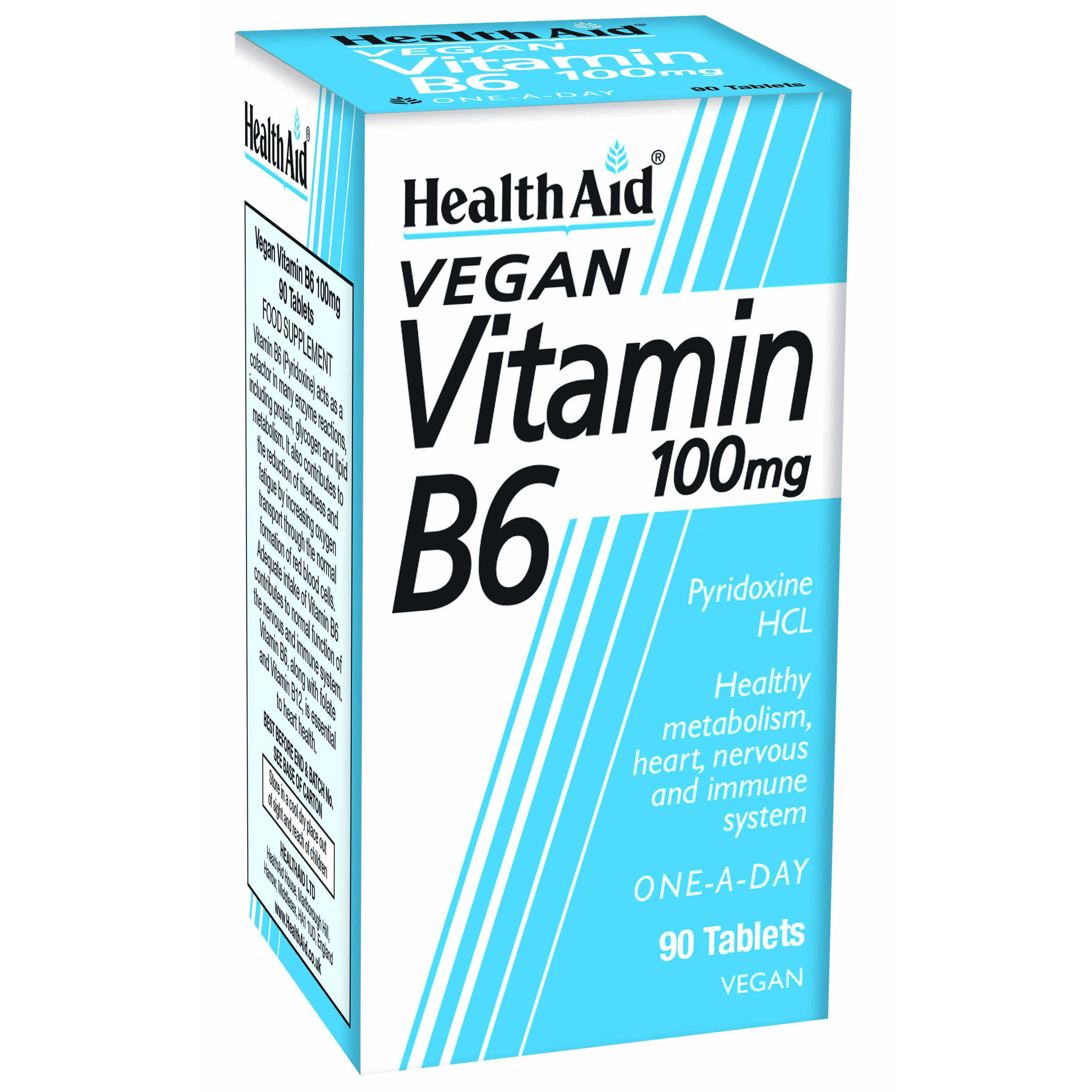 Health Aid Vitamin B6 100mg Συμπλήρωμα Διατροφής Κατάλληλο για το Μεταβολισμό των Υδατανθράκων, Λιπών & Πρωτεϊνών 90tabs