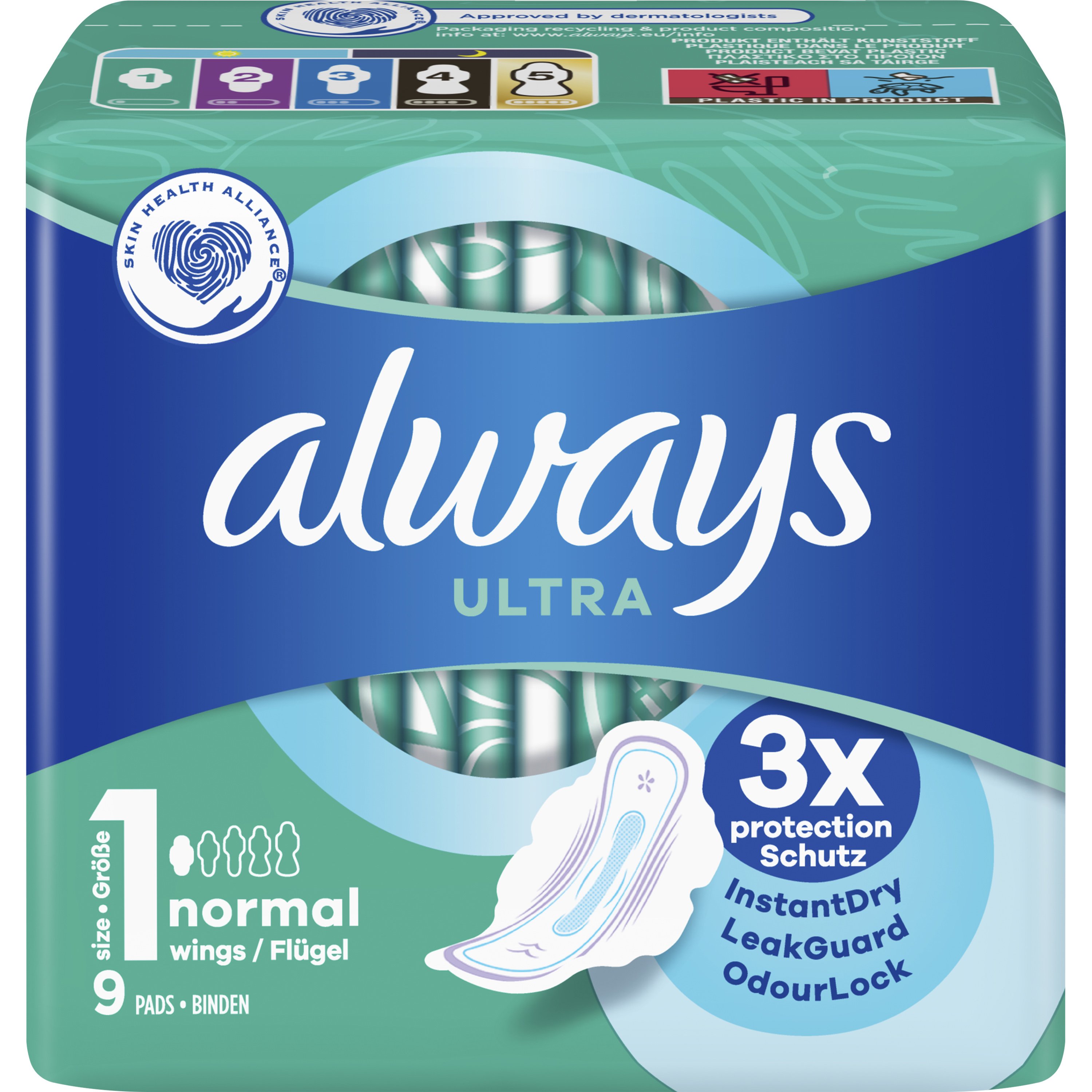 Always Ultra Normal Sanitary Towels with Wings Size 1 Σερβιέτες Κανονικού Μεγέθους με Φτερά για Άμεση Απορρόφηση & Εξουδετέρωση Οσμών 9 Τεμάχια