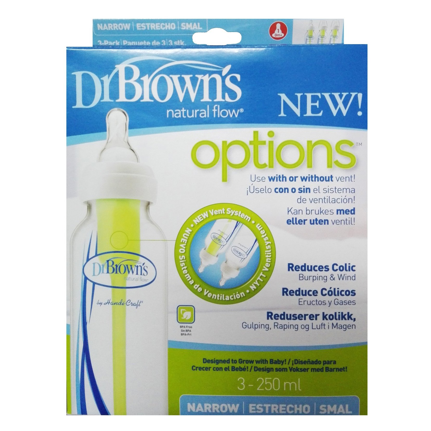Dr. Browns Natural Flow Options Πλαστικό Μπιμπερό 0m+ Συσκευασία 3-Pack & Στενό Λαιμό Θηλή Σιλικόνης SB83005 3x250ml