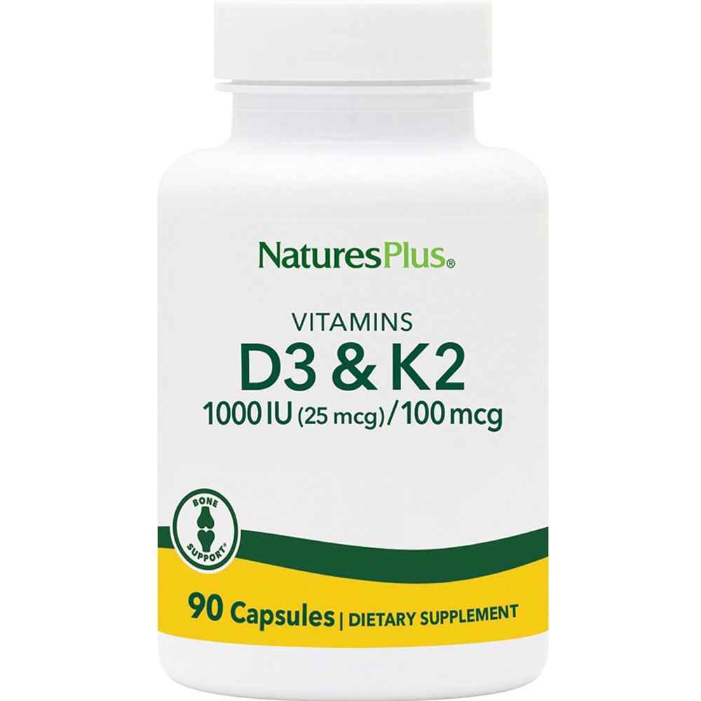 Natures Plus Vitamin D3 1000IU & K2100μg Συμπλήρωμα Διατροφής Βιταμίνης D3 & K2 για την Καλή Υγεία των Οστών, Δοντιών & Ενίσχυση του Ανοσοποιητικού 90caps