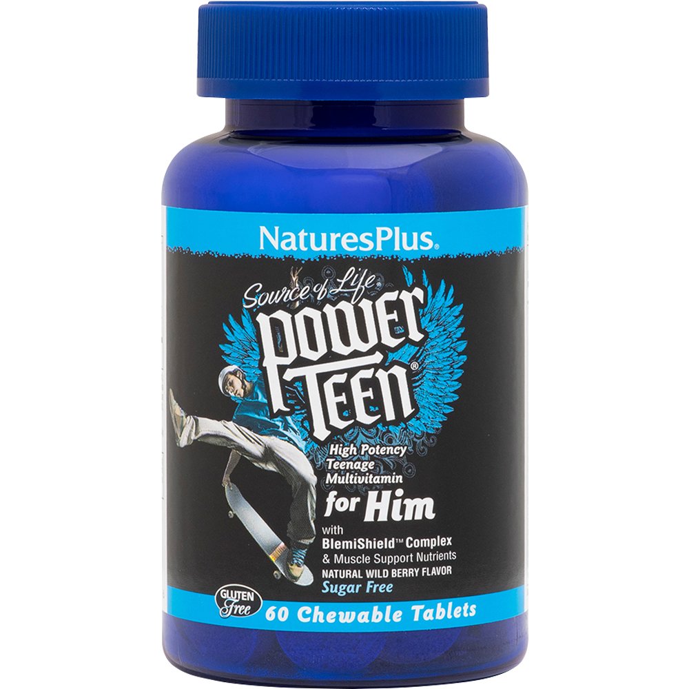 Natures Plus Power Teen For Him Συμπλήρωμα Διατροφής Βιταμινών, Μετάλλων & Ιχνοστοιχείων Ειδικά Σχεδιασμένο για Έφηβους για Ενέργεια, Τόνωση & Συγκέντρωση με Γεύση Άγριων Μούρων 60 Chew.tabs