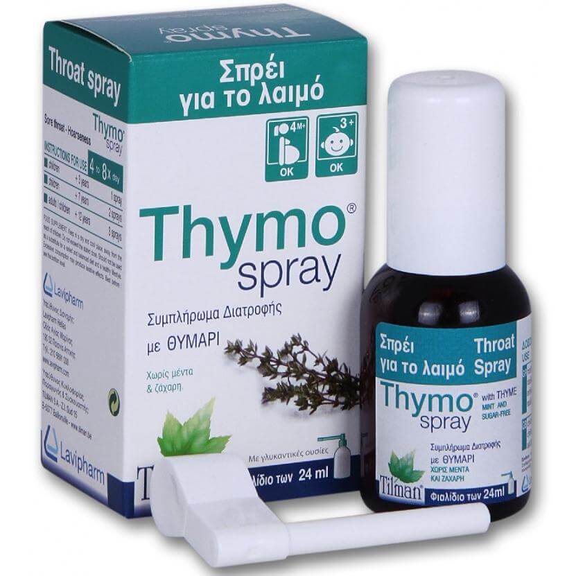 Tilman Thymo Spray Spray με Θυμάρι, Καταπραϋνει, Καθαρίζει & Καταπολεμά την Βραχνάδα του Λαιμού, Χωρίς Ζάχαρη & Μέντα 24ml