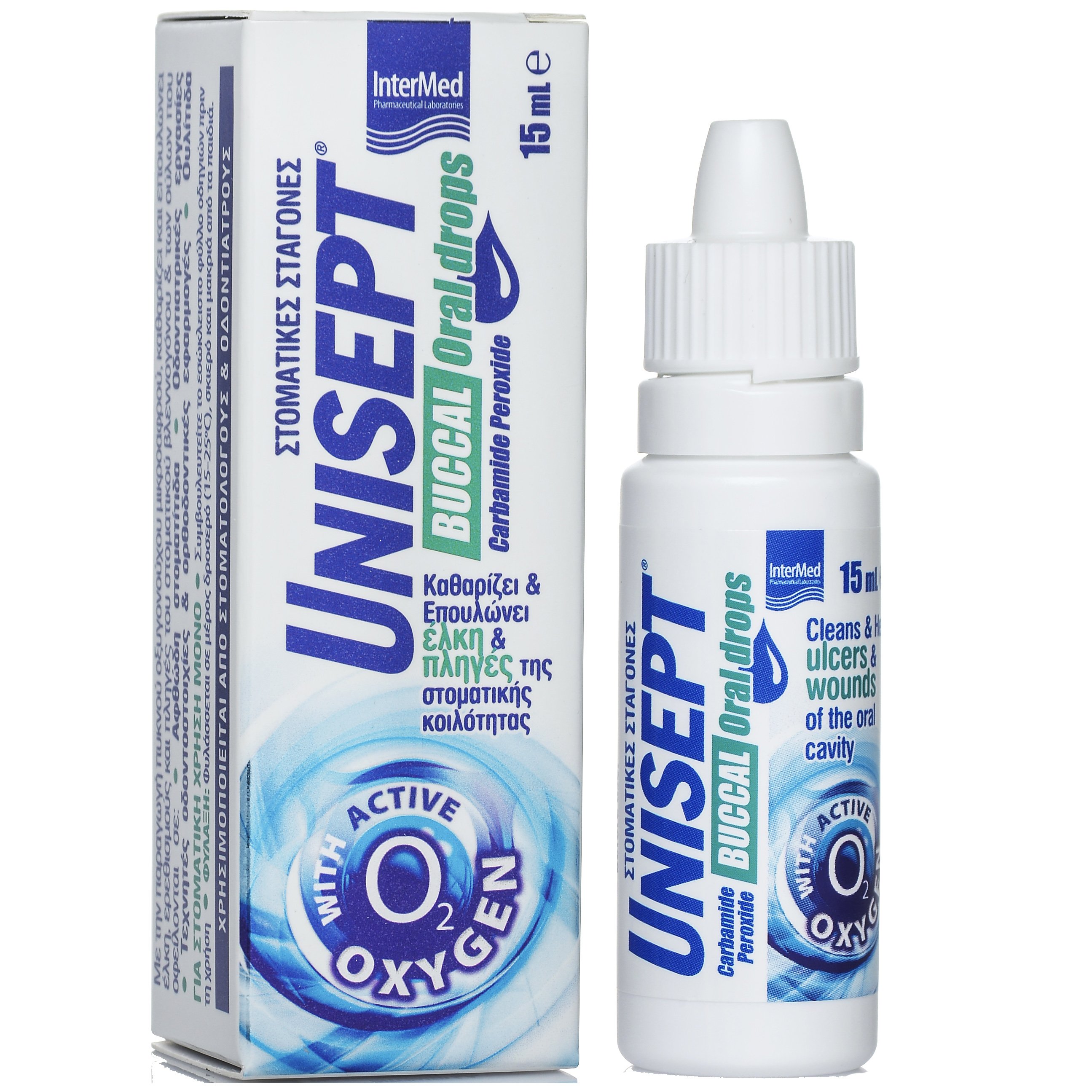 Intermed Unisept Buccal (Oromucosal) Drops Σταγόνες Στόματος για Καθαρισμό, Επούλωση & Ανακούφιση Ελκών & Πληγών 15 ml