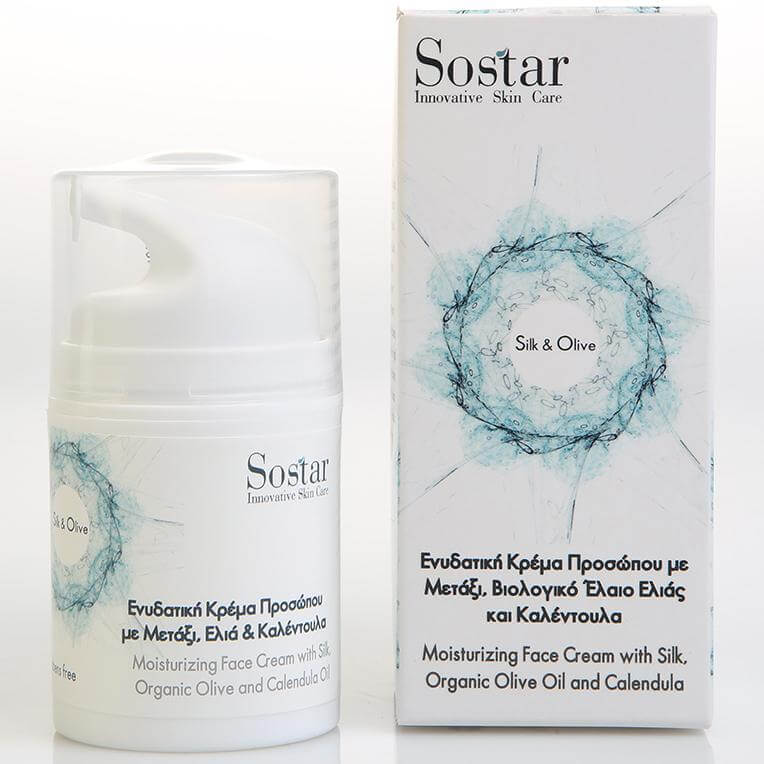 Silk & Olive Face Cream Hydrating 50ml – Sostar,Ενυδατική Κρέμα Προσώπου με Μετάξι, Βιολογικό Έλαιο Ελιάς και Καλέντουλα