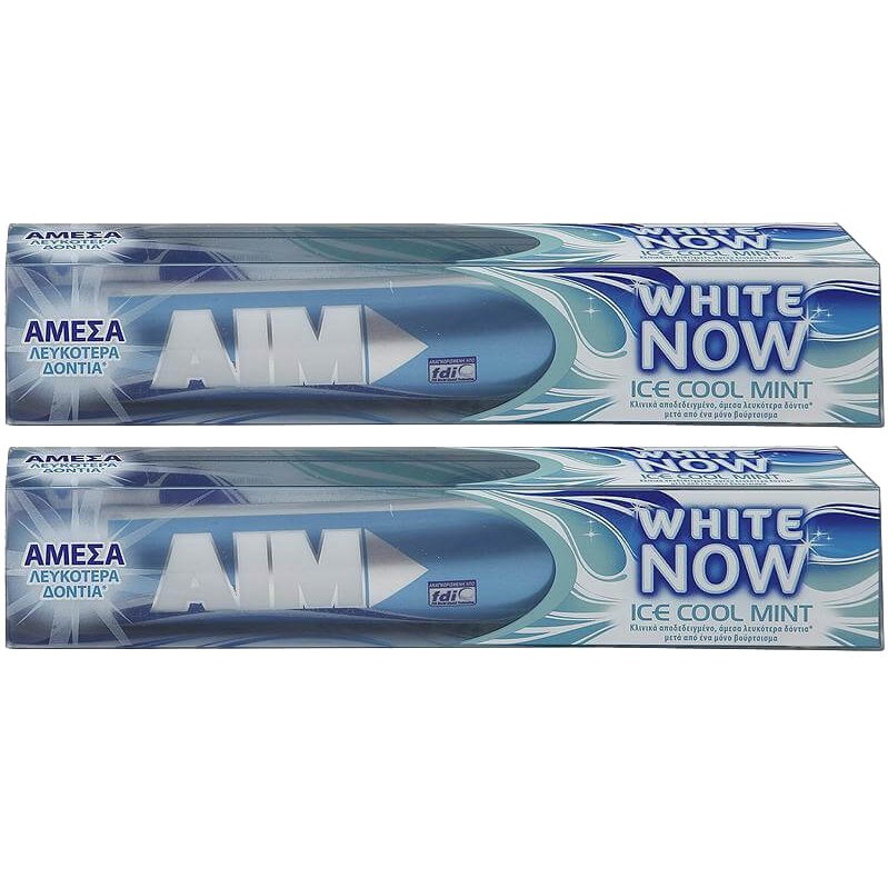 Aim Πακέτο Προσφοράς White Now Ice Cool Mint Οδοντόκρεμα για Άμεσα Λευκότερα Δόντια, με Δροσερή Γεύση Μέντα 2x75ml 1+1 Δώρο