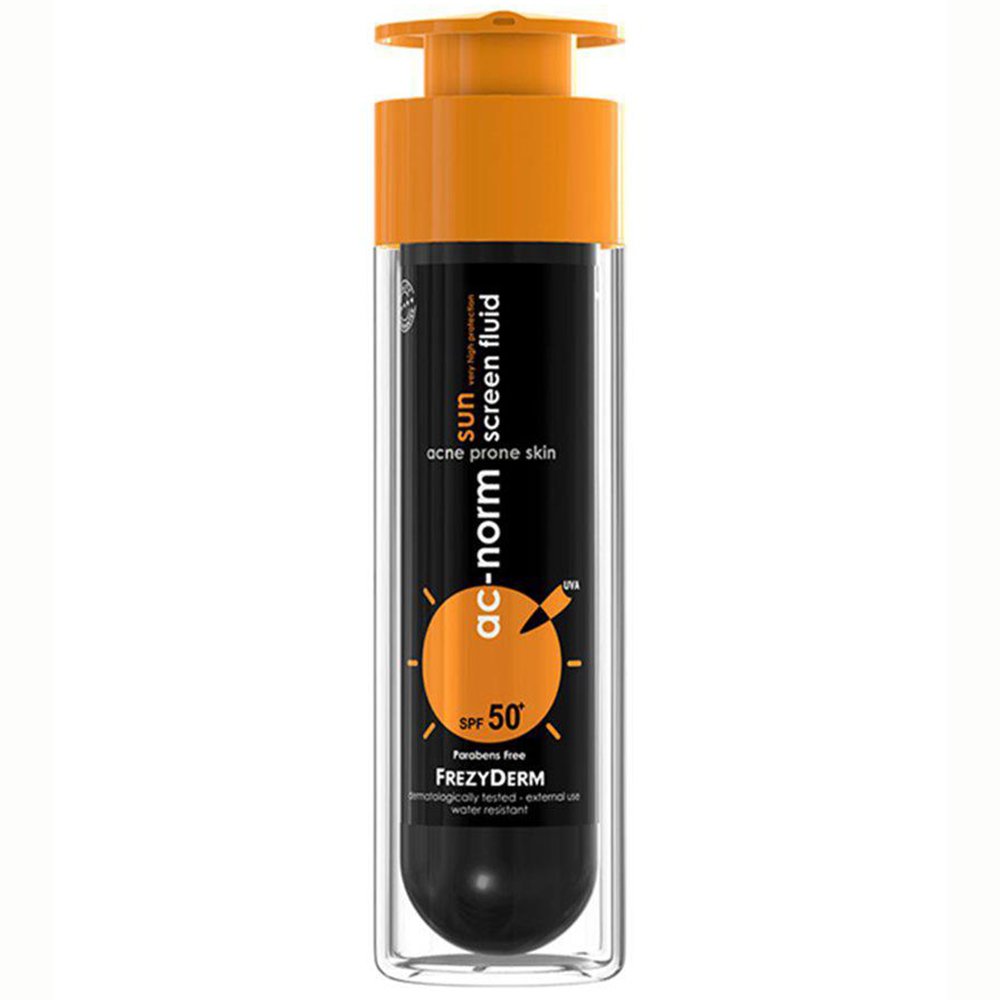 Frezyderm Frezyderm Ac-Norm Sun Screen Fluid Spf50+, Ενεργή Αντηλιακή Υγρή Κρέμα με Ειδική Μαύρη Χρώση για Ακνεϊκές Επιδερμίδες 50ml