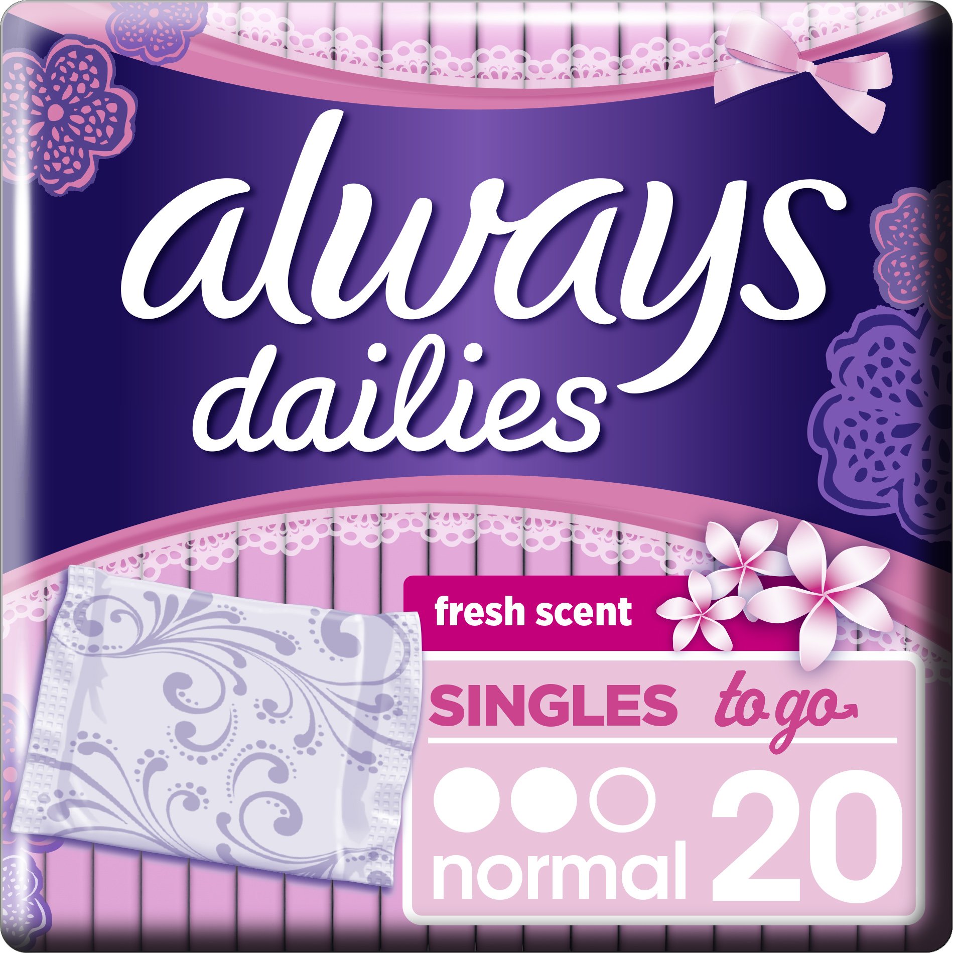 Always Dailies Singles to go Fresh Scent Normal Λεπτά, Διακριτικά Σερβιετάκια για Φρεσκάδα που Διαρκεί 20 Τεμάχια