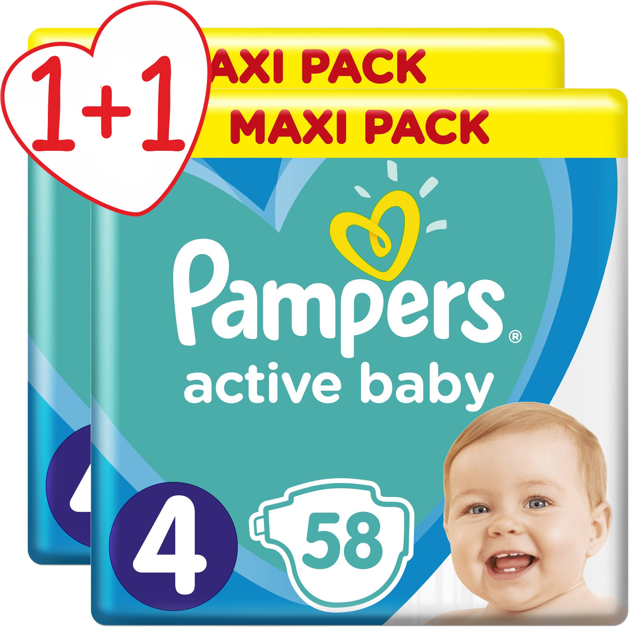Pampers Πακέτο Προσφοράς Active Baby Maxi Pack No4 (9-14 kg), 2×58 Πάνες 1+1 Δώρο