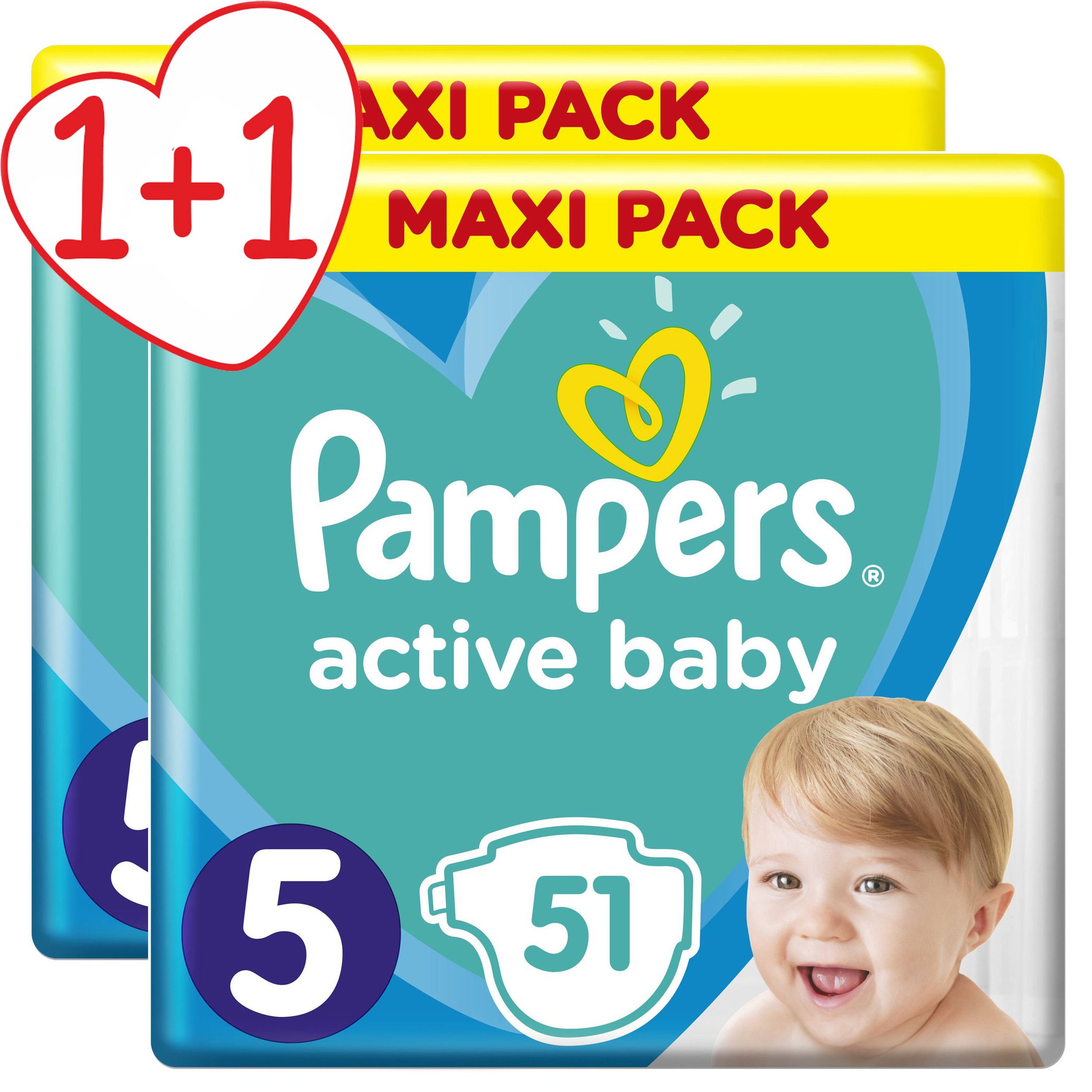 Pampers Πακέτο Προσφοράς Active Baby Maxi Pack No5 (11-16 kg), 2×51 Πάνες 1+1 Δώρο