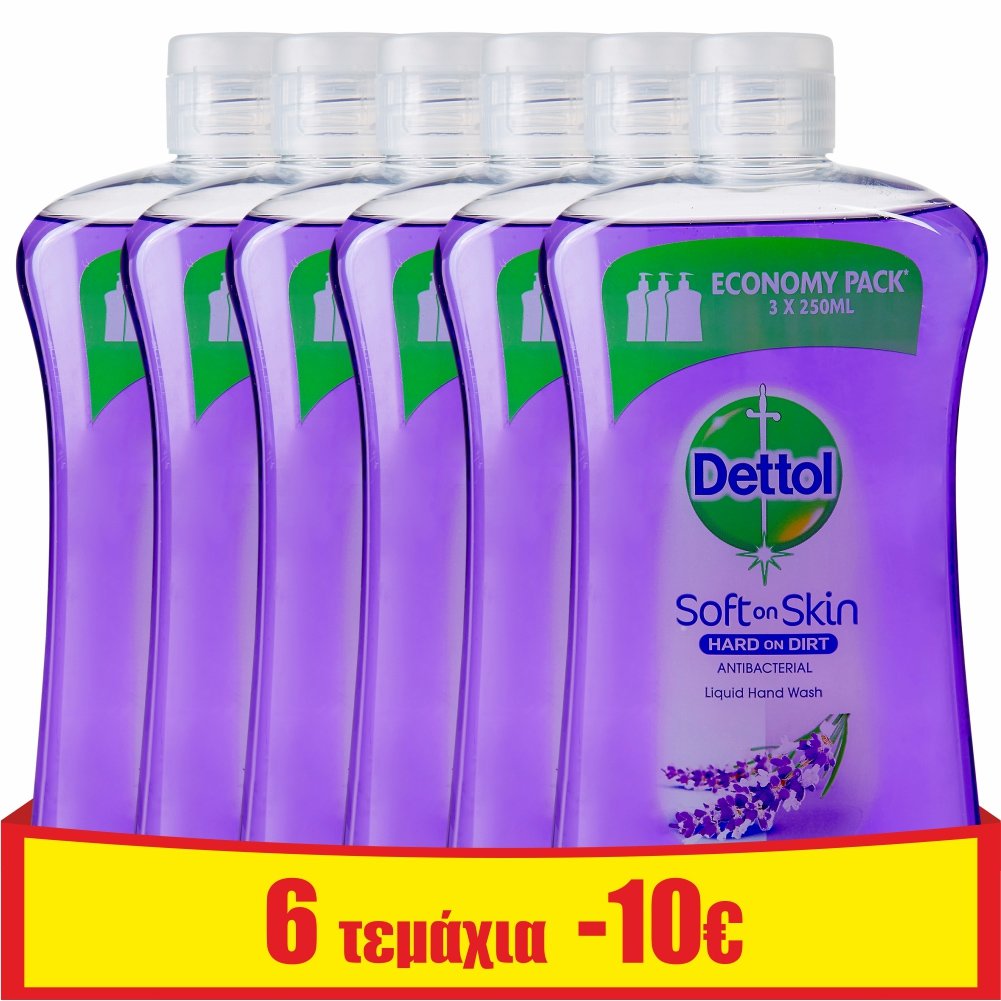 Dettol Πακέτο Προσφοράς Relaxing Soothe Antibacterial Liquid Soap Reffil Σαπούνι Χεριών Ανταλλακτικό, Λεβάντα Σταφύλι 6x750ml
