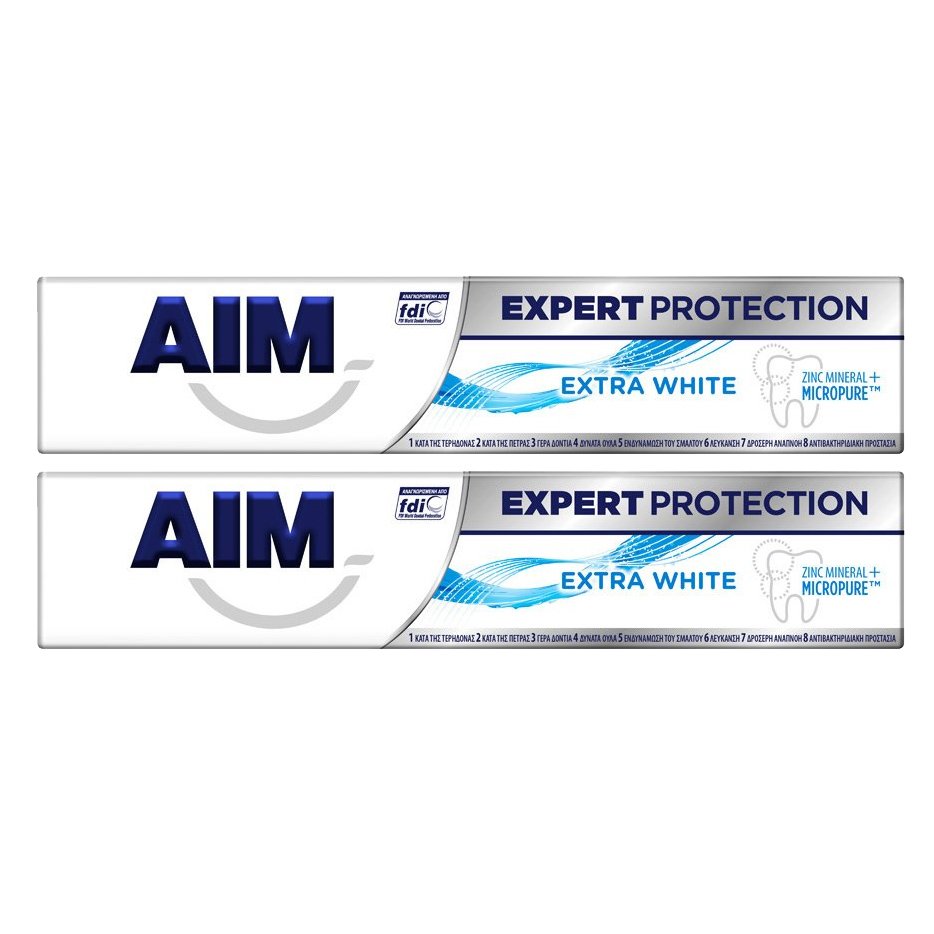 Aim Πακέτο Προσφοράς Expert Protection Extra White Λευκαντική Οδοντόκρεμα Πολλαπλής Προστασίας 2x75ml 1+1 Δώρο