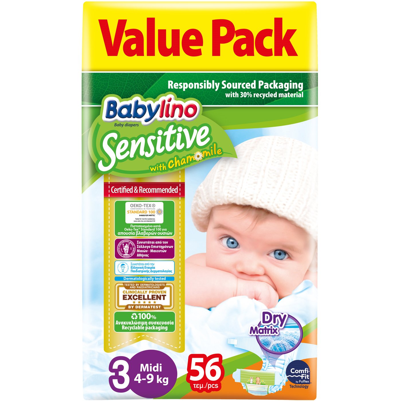 Babylino Sensitive Value Pack Midi No3 (4-9kg) Βρεφικές Πάνες 56 τεμάχια