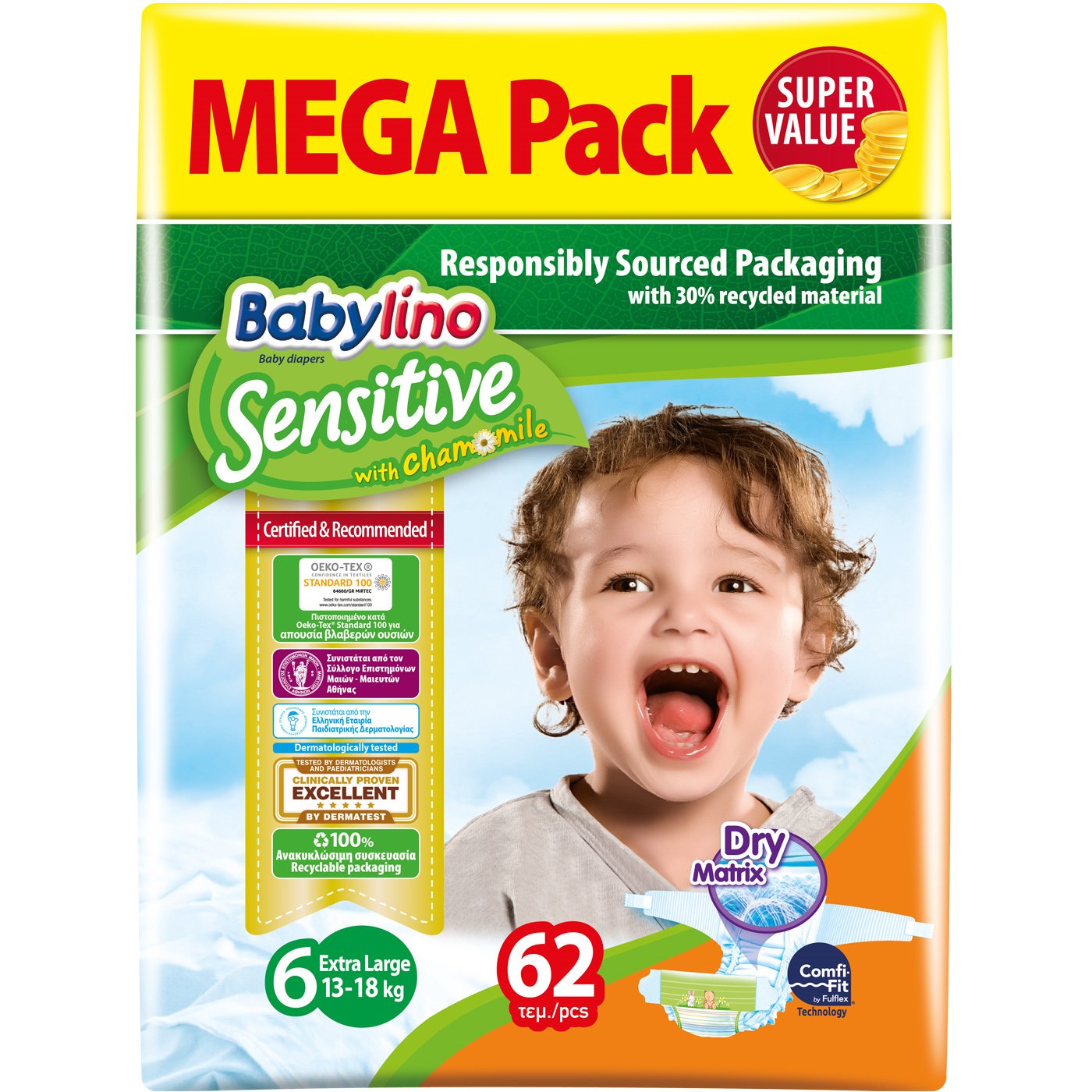Babylino Sensitive Mega Pack Extra Large Νο6 (13-18kg) Παιδικές Πάνες 62 τεμάχια