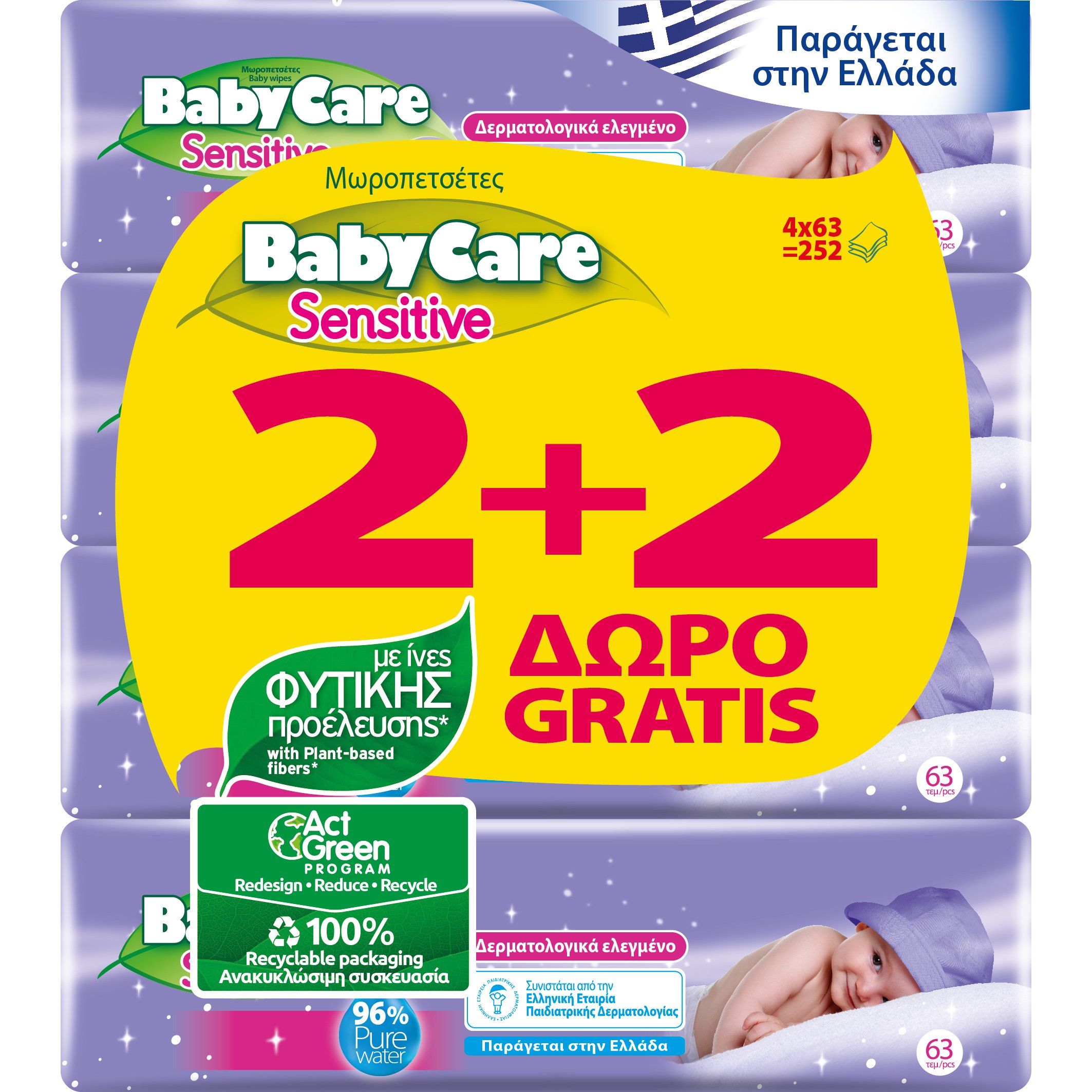 BabyCare Sensitive Μωρομάντηλα για το Ευαίσθητο Βρεφικό Δέρμα 2+2 Δώρο, 4 x 63 τεμάχια