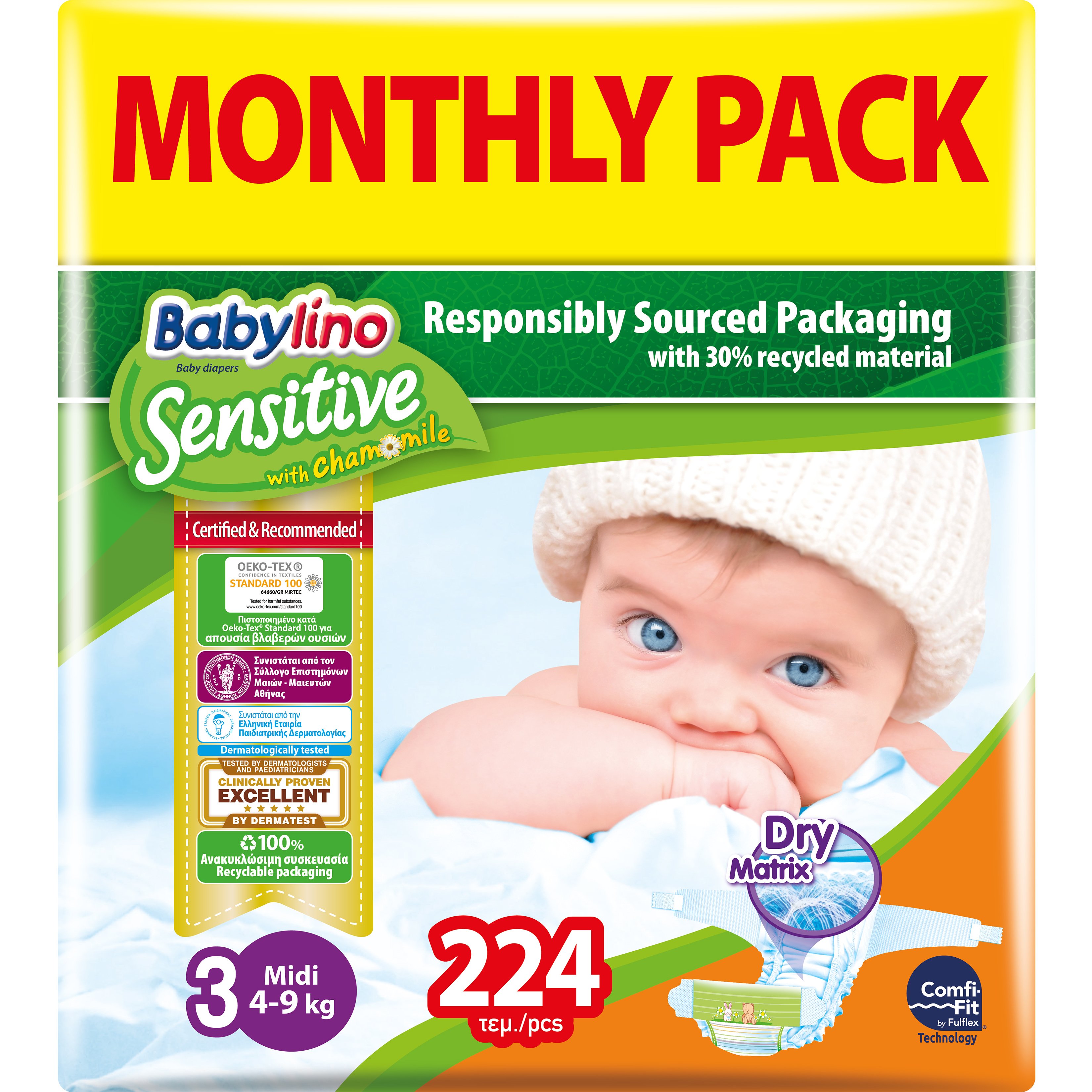Babylino Sensitive Monthly Pack Midi Νο3 (4-9kg) Βρεφικές Πάνες 224 τεμάχια