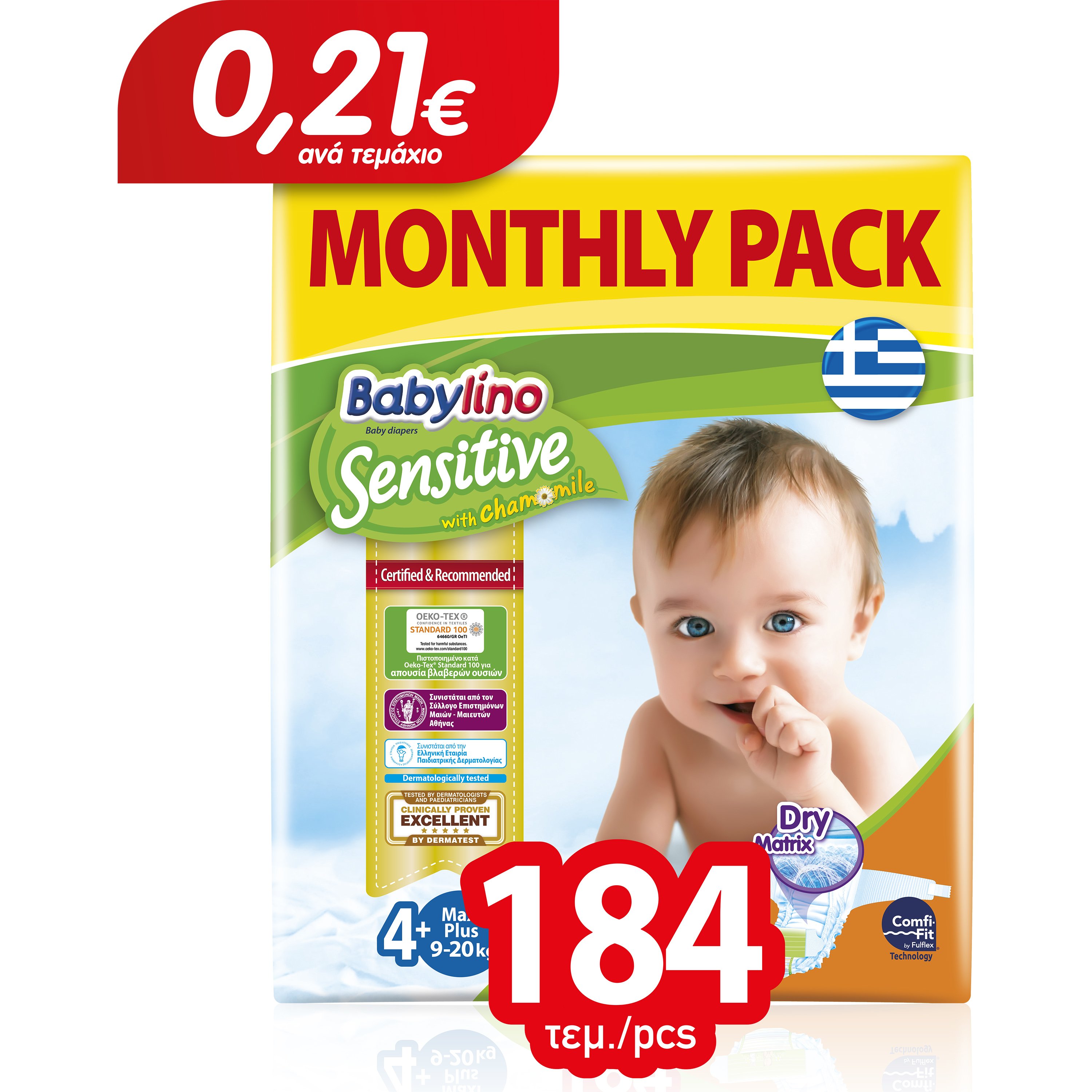 Babylino Sensitive Monthly Pack Maxi Plus Νο4+ (9-20kg) Βρεφικές Πάνες 184 τεμάχια
