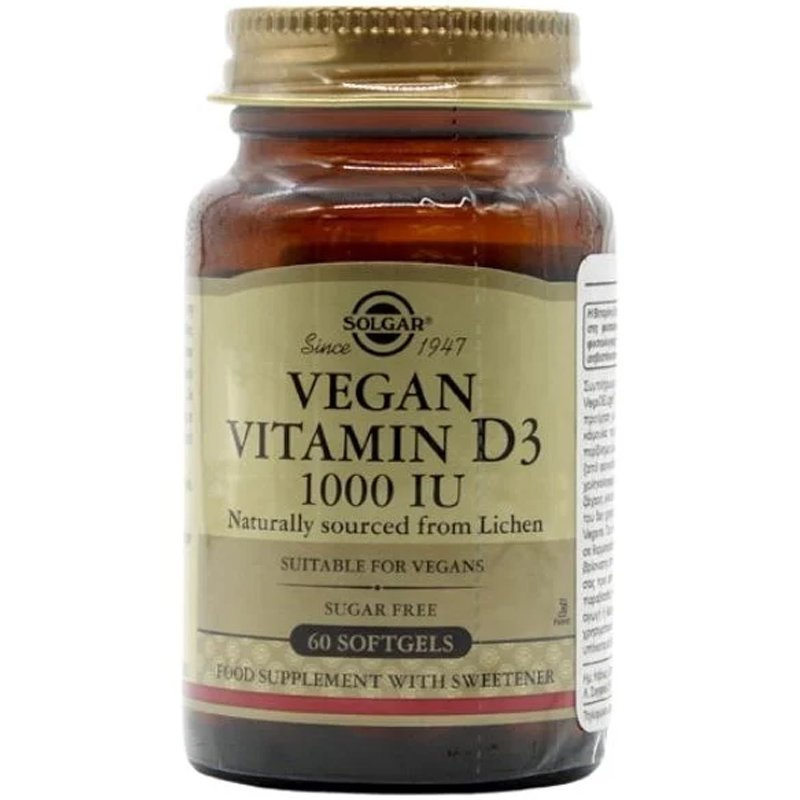 Solgar Vegan Vitamin D3 1000 IU Συμπλήρωμα Διατροφής Βιταμίνης D3 Φυσικής Προέλευσης για την Ενίσχυση του Ανοσοποιητικού, των Οστών & των Μυών 60softgels