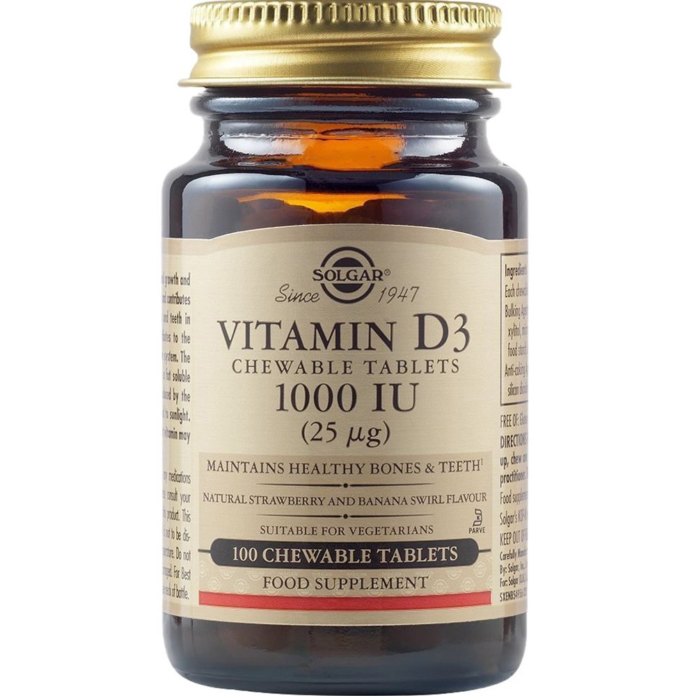 Solgar Vitamin D3 1000IU Συμπλήρωμα Διατροφής Βιταμίνης D3 για την Καλή Λειτουργία των Οστών & Ανοσοποιητικού με Γεύση Φράουλα & Μπανάνα 100 Chew.tabs 39574