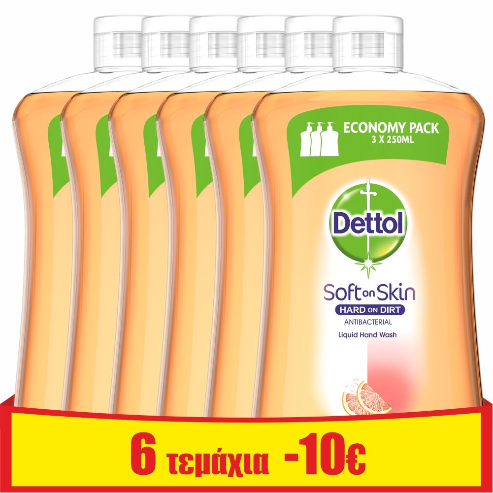 Dettol Πακέτο Προσφοράς Liquid Soap Grapefruit Refill Ανταλλακτικό Αντιβακτηριδιακό Υγρό Κρεμοσάπουνο Χεριών,Γκρέιπφρουτ 6x750ml